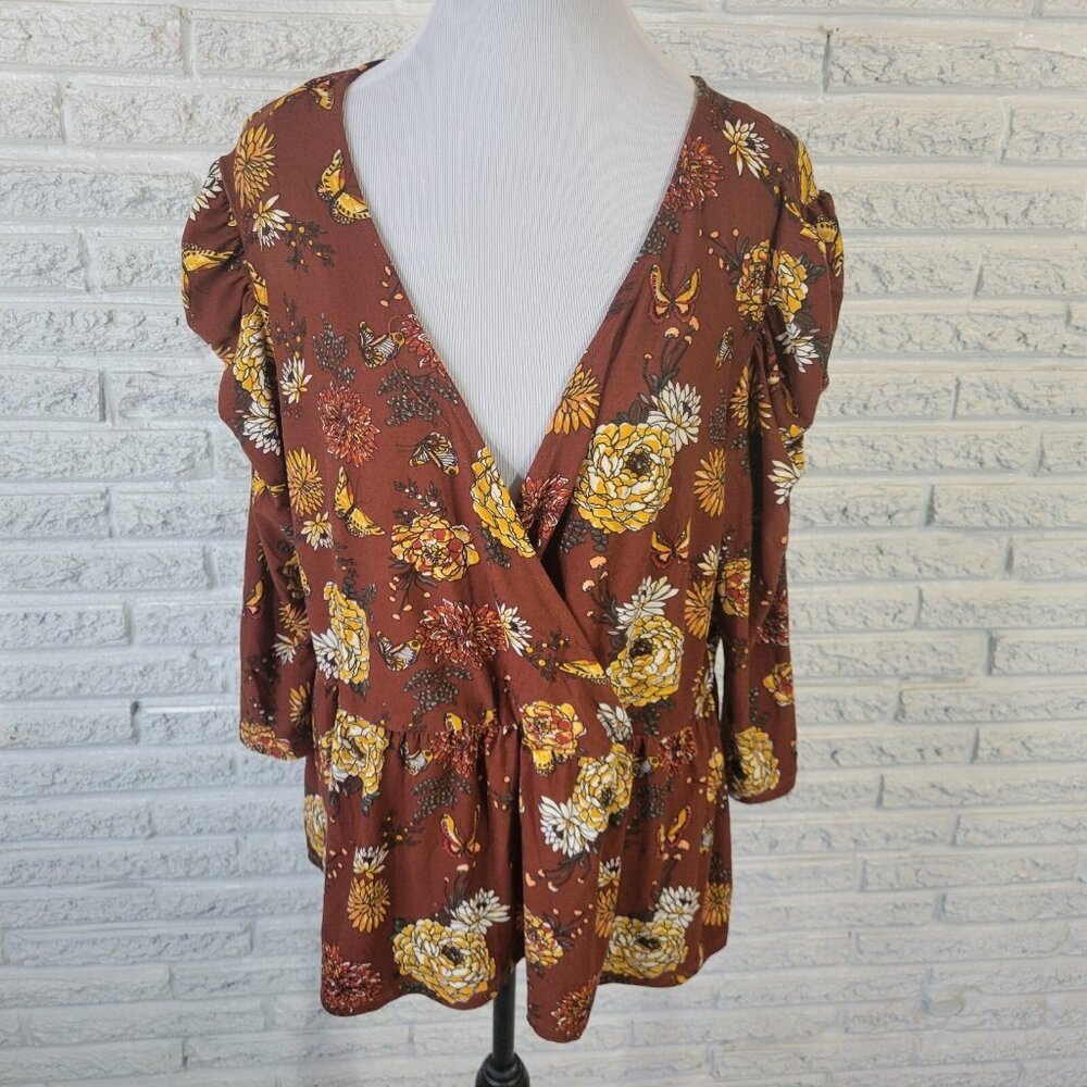 Kristin Nicole Womens Top 1X Plus 3/4 Sleeve Brown Floral Poly Blend FLO99XE